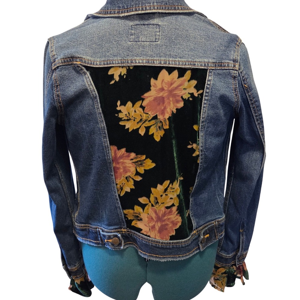 Upcycled Denim Jacket with Floral Sheer Green Panel Inlays Ruffled Sleeves XS - Picture 2 of 14